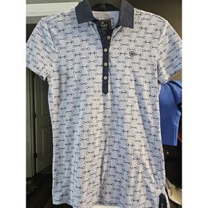 Ariat Women's M/M Short Sleeve Polo Shirt Horse Bit Print Blue Casual Top